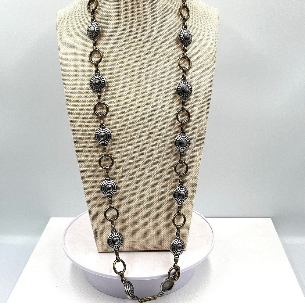 Vintage Fossil Boho Long Station Necklace Mixed Metal Silver Gold Tone Retro